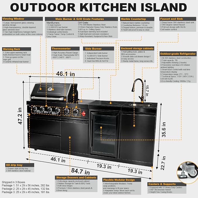 84.7" 4-Burner Modular Outdoor Kitchen Island, 72000 BTU Propane Gas Grill | 4 Burners & Side Stove, Rear Infrared, Marble Countertop, Fridge, 360° Pull-Out Faucet, Sink, Warming Rack, Storage Cabinet