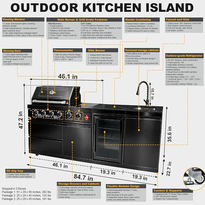 84.7" 4-Burner Modular Outdoor Kitchen Island, 72000 BTU Propane Gas Grill | 4 Burners & Side Stove, Rear Infrared, Marble Countertop, Fridge, 360° Pull-Out Faucet, Sink, Warming Rack, Storage Cabinet