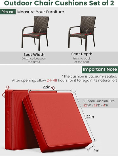 Outdoor Chair Cushion 22 x 22 x 4 Inches Patio Furniture Outdoor Waterproof Seat Cushion, Patio Chair Cushion with Handles and Ties, Square Dining Chair Cushion Set of 2, Red