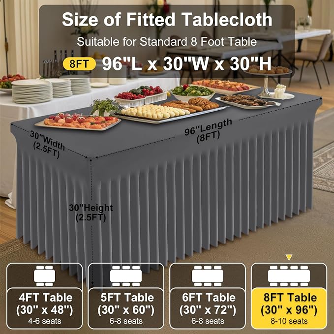 Smiry Spandex Elastic Fitted Table Cloth Skirt for 8FT Rectangle Table | Stretch Washable Table Cloth, Banquet Table Cover for Wedding, Party, Indoor & Trade Shows, (Dark Grey, 96Lx30Wx30H)