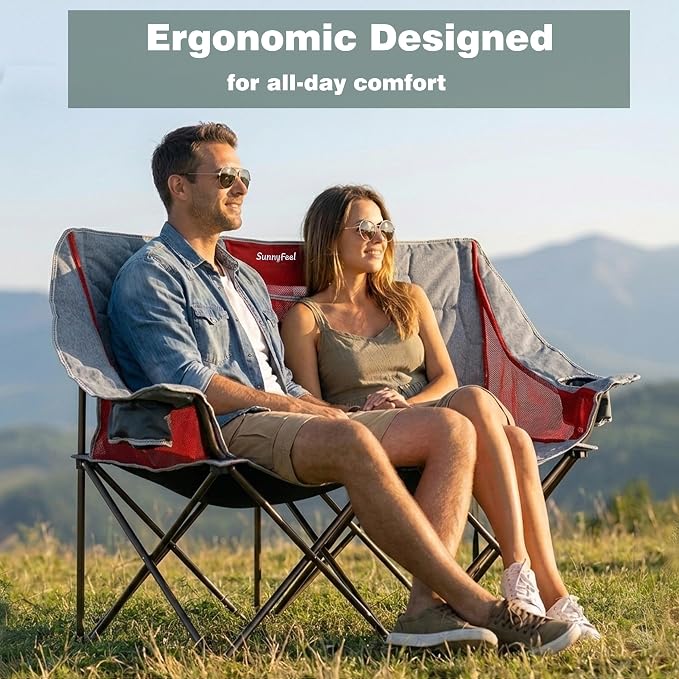 SUNNYFEEL Folding Double Camping Chair Oversized Loveseat for Adults | 600LBS Heavy Duty Padded Camping Couch with Cup Holder, Storage Pockets & Carry Bag for Patio RV/ Lawn/ Backyard
