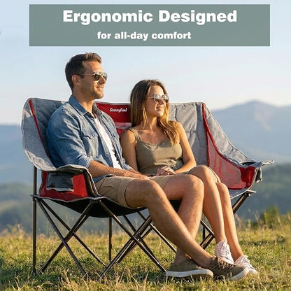SUNNYFEEL Folding Double Camping Chair Oversized Loveseat for Adults | 600LBS Heavy Duty Padded Camping Couch with Cup Holder, Storage Pockets & Carry Bag for Patio RV/ Lawn/ Backyard