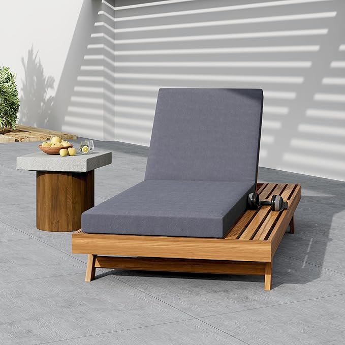 Christopher Knight Home Kayes Acacia Wood Chaise Lounge with 4'' Cushion, Outdoor 79'' Patio Recliner Chair with 4-Position Adjustable Backrest, Sun Lounger for Poolside Backyard, Teak+Dark Gray