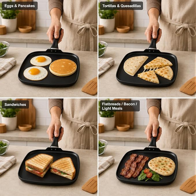 10 Inch Square Griddle Pan, Nonstick Grill Pan for Cooking Eggs, Omelettes, and More, Griddle Cookware, PFOA Free