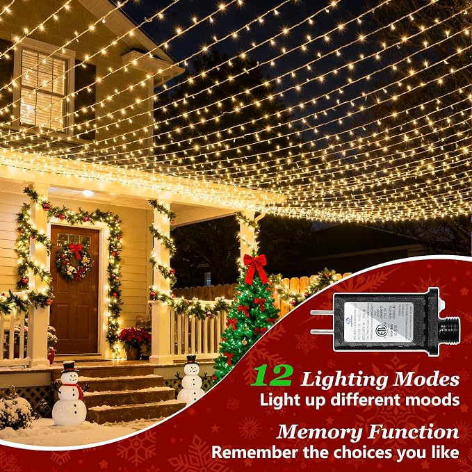 Christmas Tree String Lights Green Wire 75FT 300 LED Warm White | Dimmable, 12 Light Styles, Memory Timer, Waterproof, 29V Safe Low Voltage, Diamond-Faceted LED, Energy Efficiency