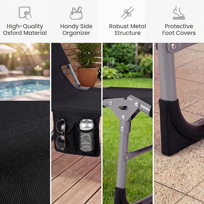 Goplus Tanning Chair, Folding Beach Lounge Chair with Face &Arm Hole, 4-Position Adjustable,Removable Pillow,Side Pocket, Sunbathing Chair, Portable Outdoor Lounge Chair for Patio Pool Lawn (1, Black)