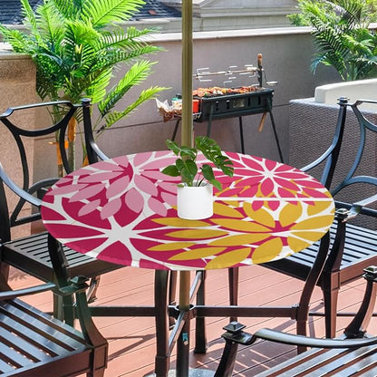 Round Tablecloth with Umbrella Hole and Zipper Elastic Fitted Table Cloth 36"-44" Oil-Proof Waterproof Patio Table Cover for Outdoor Picnic Party, Spring Summer Geometric Elegant Pink Yellow