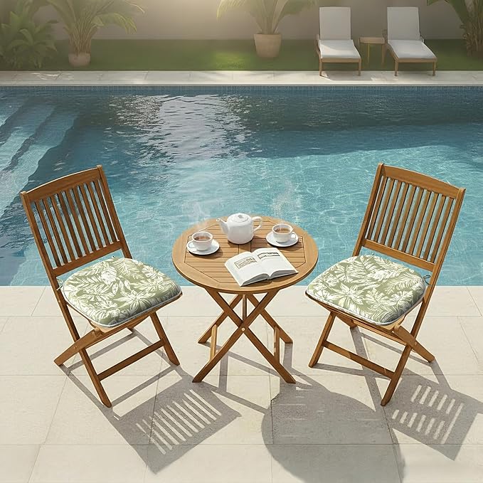 DYTXIII Set of 2 Outdoor Chair Cushions with Ties, Water Repellent Patio Chair Pads 17"x 16" for Outdoor Furniture, Round Corner Seat Cushions for Garden Yard Kitchen Tropical Leaf Green
