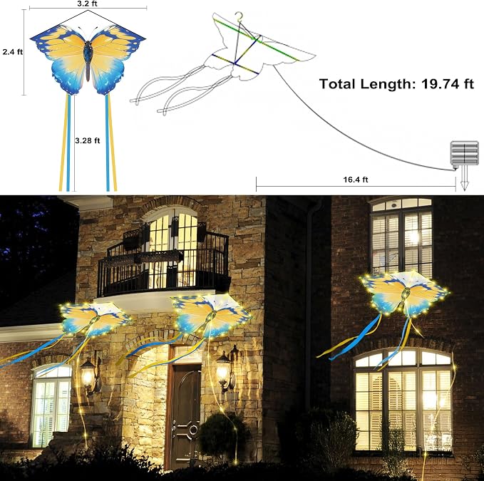 Toodour Solar Butterfly Lights Outdoor, 2.9Ft 174 LED Waterproof Kite Butterfly Garden Decor, 8 Modes Warm White Solar Garden Lights for Home Yard Patio Camping Decor - Blue & Yellow Butterfly