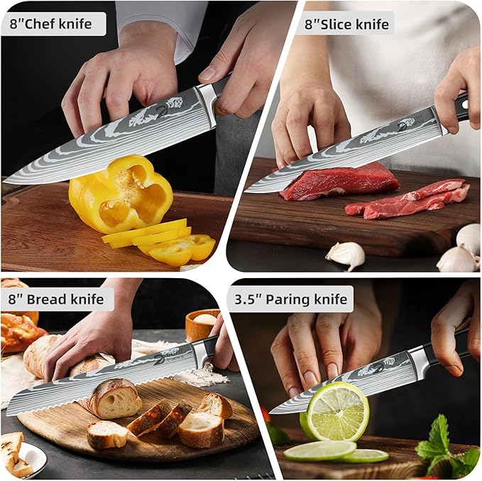 Dfito Chef Knife Set with Roll Bag, 9PCS Professional Knife Set with Sharpener, High Carbon Stainless Steel Kitchen Knife Set with Anti-Slip Ergonomic Handle for Camping, Travel, BBQ, RV or Gift Black
