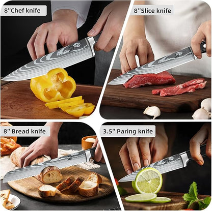 Dfito Chef Knife Set with Roll Bag, 9PCS Professional Knife Set with Sharpener, High Carbon Stainless Steel Kitchen Knife Set with Anti-Slip Ergonomic Handle for Camping, Travel, BBQ, RV or Gift Black