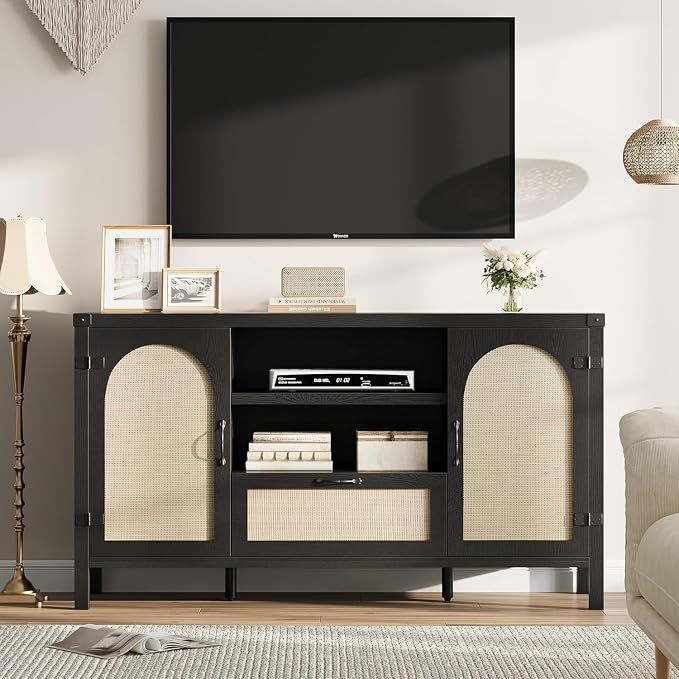IDEALHOUSE Sideboard Buffet Cabinet with Storage, 59.1" Large Rattan Storage Cabinet with Drawers, Farmhouse Coffee Bar Cabinet for Living Room, Kitchen, Entryway, Black