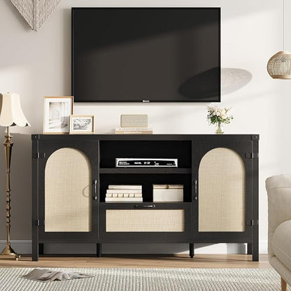 IDEALHOUSE Sideboard Buffet Cabinet with Storage, 59.1" Large Rattan Storage Cabinet with Drawers, Farmhouse Coffee Bar Cabinet for Living Room, Kitchen, Entryway, Black