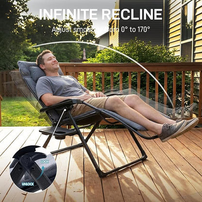 EVER ADVANCED Aluminum Zero Gravity Chair Oversized, Thick Padded Reclining Lounge Chair with Adjustable Headrest & Side Table, Heavy Duty Support 350 lbs, Foldable for Outdoor & Indoor, Gray-2 Pack