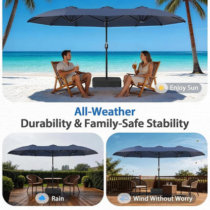 HOPERAN 15FT Patio Umbrella with Base Included, Large Outdoor Double-Sided Rectangle Table Umbrella with Easy Crank Lift, Market Umbrella for Backyard, Pool&Garden