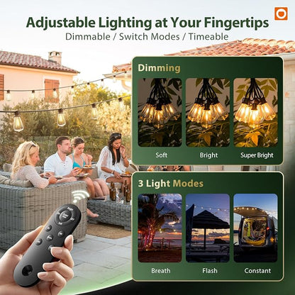 addlon 102FT(96+6) Solar String Lights Outdoor with Remote, 48 LED Dimmable | Waterproof Patio Hanging Lights (2FT Bulb Spacing), Long-Lasting Solar Light for Outside, Yard, Backyard, Garden, Camping