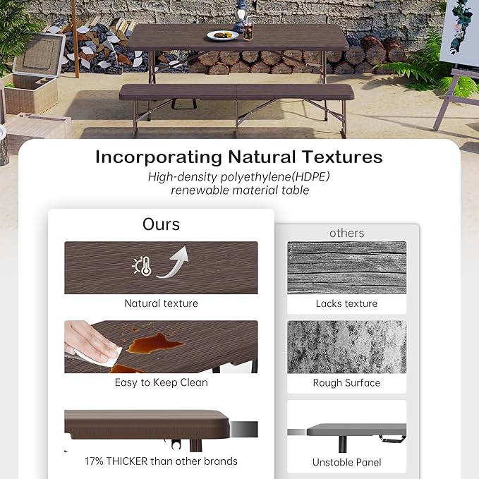 VSOAEIL 6 Foot Folding Bench 2 Pack, Foldable Plastic Bench Indoor Outdoor | 6 Feet Portable Bench Seating with Handle and HDPE Tabletop - Party, Dining, Picnic, Camping, Sports, Temporary Events, Brown