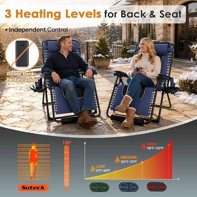 Suteck Heated Zero Gravity Chair, 400LBS 30.3" Padded Antigravity Chairs | Reclining Camping Chair with Headrest, Upgraded Lock, Large Cup Holder and Footrest, Patio Lounge Recliner for Indoor Outdoor