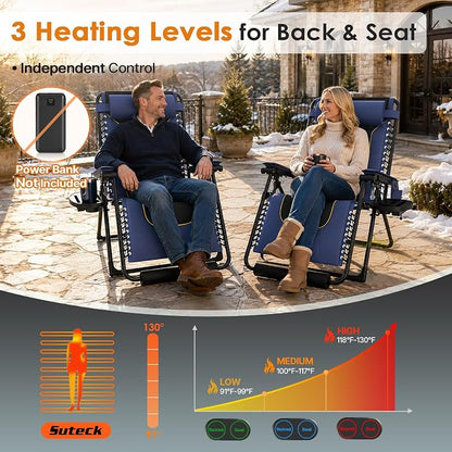 Suteck Heated Zero Gravity Chair, 400LBS 30.3" Padded Antigravity Chairs | Reclining Camping Chair with Headrest, Upgraded Lock, Large Cup Holder and Footrest, Patio Lounge Recliner for Indoor Outdoor