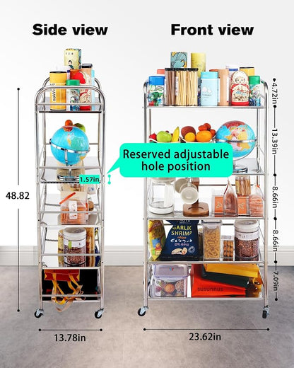 susunnus Stainless Steel Cart,Movable,5 Tier,for Kitchen,Living Room | with Brakeable Wheels,Removable checkered panel,for Bathroom,Dining Room,Stainless Steel Kitchen Cart,Utility Cart,Metal Cart