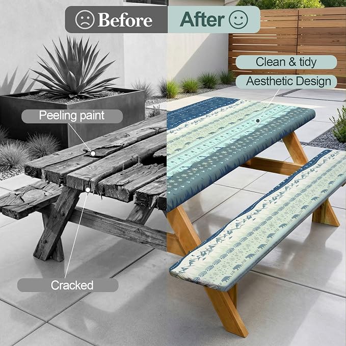 Picnic Table Cover with Bench Covers Camping Essentials Waterproof Windproof Camping Tablecloth with Drawstring Bag, Fitted Rectangle Tables and Seats, 72in, Bohemian