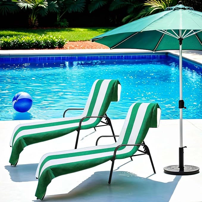 Superior Cabana Cotton Lounge Chair Cover, Outdoor Towel/Chaise Furniture Covers, Terry Cloth, Beach, Spa, Swim Accessories, Pool Chair Cover, Soft, Quick Drying, 32" x 102", Set of 2, Green