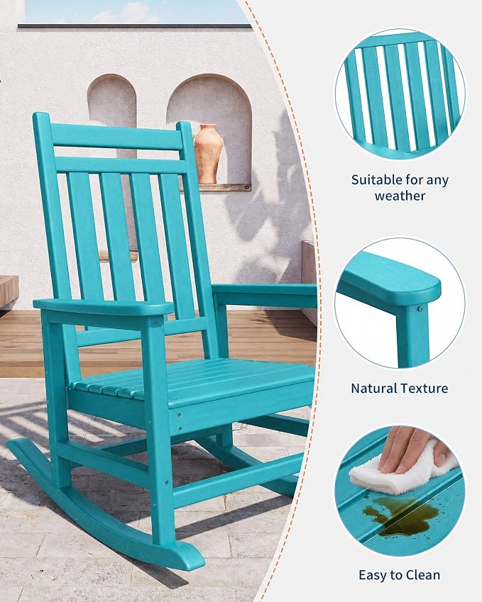 Garvee HDPE Rocking Chair Outdoor Set of 2 - Poly High Back Porch Rocker Chairs for Adults - All Weather Resistant Furniture for Patio Front Porch - Lake Blue