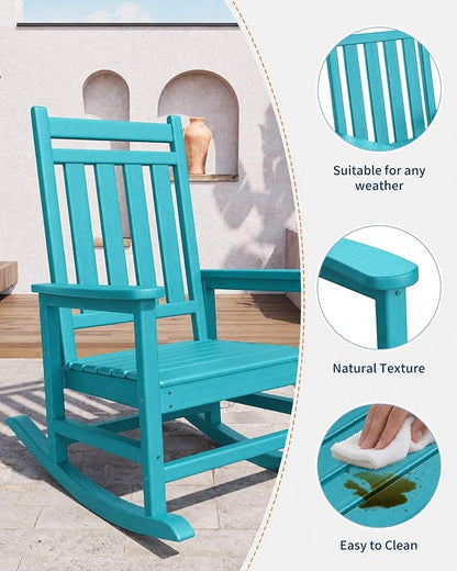Garvee HDPE Rocking Chair Outdoor Set of 2 - Poly High Back Porch Rocker Chairs for Adults - All Weather Resistant Furniture for Patio Front Porch - Lake Blue