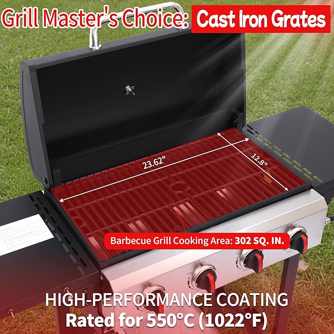 4-Burner Propane Gas Grill, 40,000 BTU Portable BBQ Grill with Cast Iron Grates & Foldable Side Shelves, Small Outdoor Gas Grill for Backyard Patio Camping Tailgating, Black