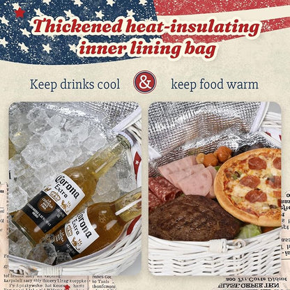 Wicker Picnic Basket 15"x11"x7" Insulated Liner Red White Stars | Insulated Zip Liner Helps Keep Drinks and Snacks Cool, Sturdy Woven Basket Suits Parks, Camping, Holidays and Gift Giving