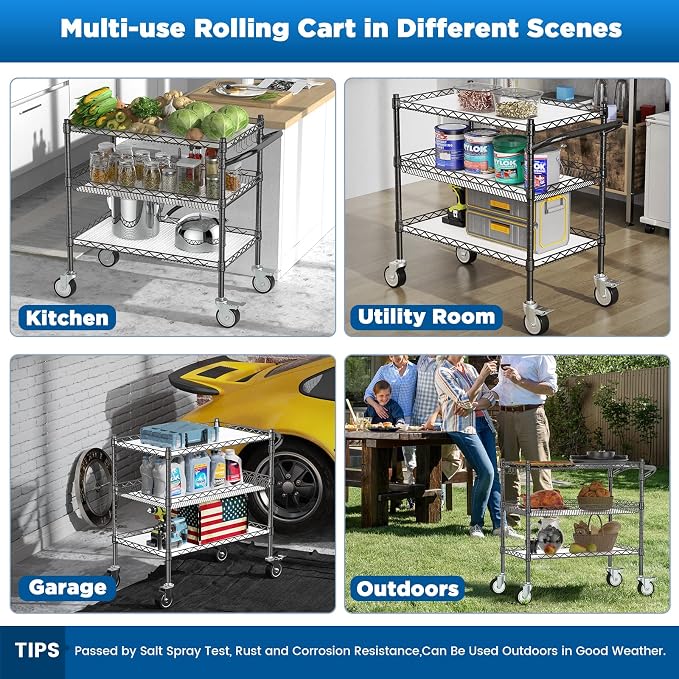 3 Tier Rolling Carts with Wheels, Heavy Duty Rolling Utility Cart | NSF Commercial Grade Metal Cart with Handle&Shelf Liner,Trolley Serving Cart for Kitchen,Restaurant,Plant Display,Black