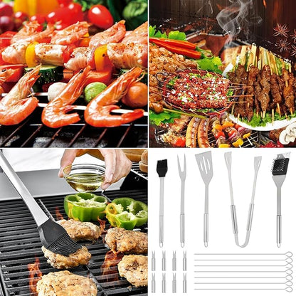 20 Pcs Stainless Steel BBQ Grill Tools Set, Heavy Duty Outdoor Barbecue Utensils Kit with Spatula, Tongs, Fork, Skewers, Meat Thermometer & Storage Bag for Camping, Backyard, Picnic