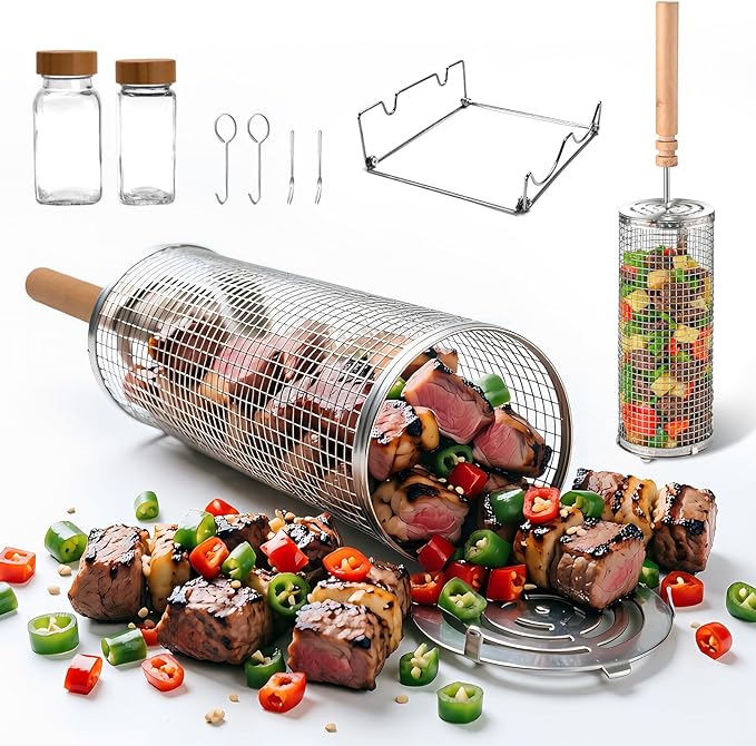 Rolling Grill Basket,Removable Wooden Handle with Condiment Bottle and Stand, 304 Stainless Steel,Nesting BBQ Tools, Smoker Grilling Accessories for Vegetable Shrimp, Birthday Gifts for Men Dad Husban