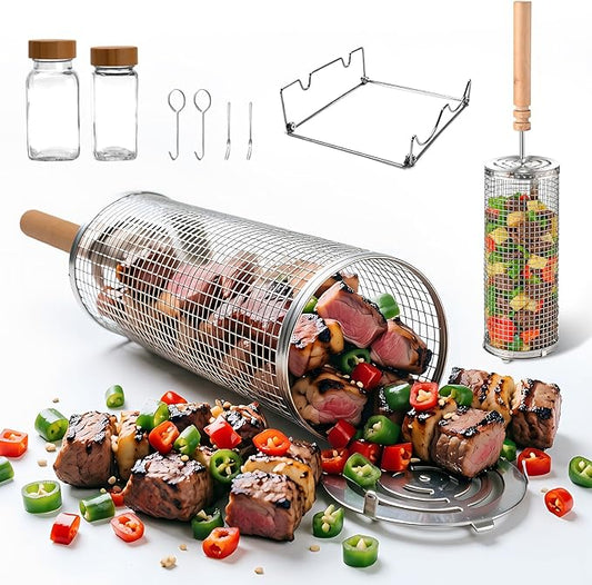 Rolling Grill Basket,Removable Wooden Handle with Condiment Bottle and Stand, 304 Stainless Steel,Nesting BBQ Tools, Smoker Grilling Accessories for Vegetable Shrimp, Birthday Gifts for Men Dad Husban
