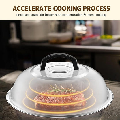 11.4 Inch Cheese Melting Dome, HaSteeL Round Stainless Steel Basting Steaming Cover, Metal Griddle Lid for Indoor & Outdoor Cooking Grilling, Non Toxic & Rust Free, Dishwasher Safe, Plus a Screwdriver