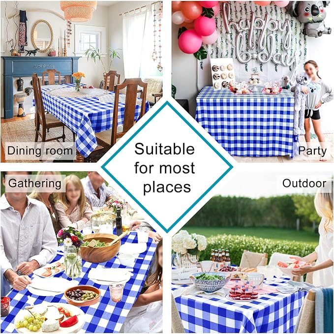 Hiasan 54 x 108 Inch Checkered Tablecloth Rectangle - Waterproof, Wrinkle Resistant and Washable Gingham Table Cloth for Outdoor Picnic, Kitchen and Holiday Dinner, Royal Blue and White