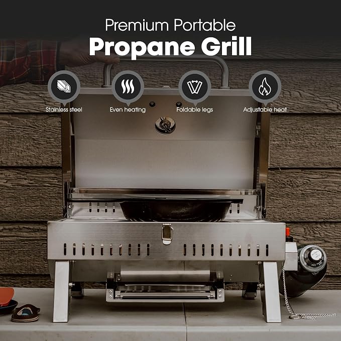 GasOne Portable Propane Grill – 18-inch Stainless Steel Tabletop Grill – Tabletop Gas Grill with Heat Control and Built-In Thermometer – Large Cooking Area – Ideal for Outdoor, Camping, Travel, RV