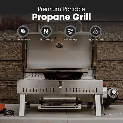 GasOne Portable Propane Grill – 18-inch Stainless Steel Tabletop Grill – Tabletop Gas Grill with Heat Control and Built-In Thermometer – Large Cooking Area – Ideal for Outdoor, Camping, Travel, RV