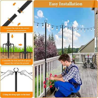 Mutovlin 8 Pack String Light Poles,10 Ft Light Poles for Outside String Lights,Outdoor Lights Pole with Fork,Metal Poles Stand for Patio Deck Backyard