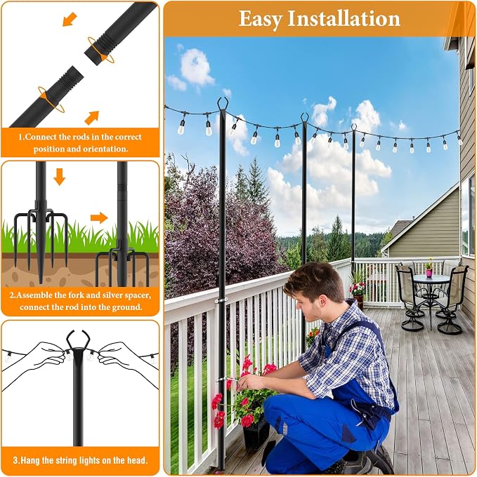 Mutovlin 10 Pack String Light Poles,10 Ft Light Poles for Outside String Lights,Outdoor Lights Pole with Fork,Metal Poles Stand for Patio Deck Backyard