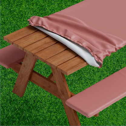 Picnic Table Cover with Bench Covers -Fitted with Elastic, Vinyl with Flannel Back, Fits for Table 30"x 96" Rectangle,Water Proof, Solid Burgundy Design