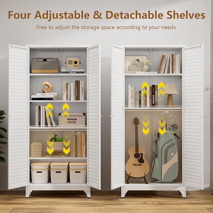 Polup 75" Kitchen Pantry Cabinet, White Metal Storage Cabinet with Doors and 4 Adjustable Shelves, Tall Metal Pantry Cabinets, Large Cupboard for Kitchen, Dining Living Room, Bathroom, Office