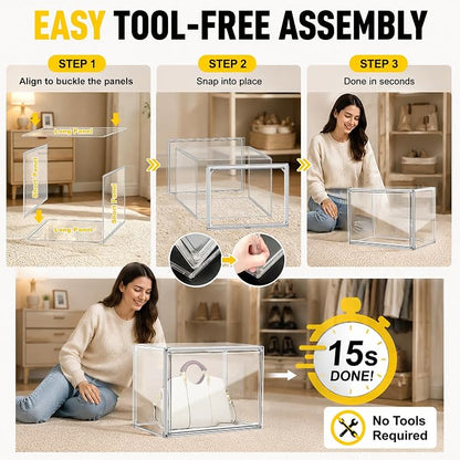 5 Pack Clear High-Top Sneaker Storage Boxes, Acrylic Shoe Organizer | Extra height 10.6'' for high-top sneakers & athletic footwear Size 11.Stackable display design keeps collections organized