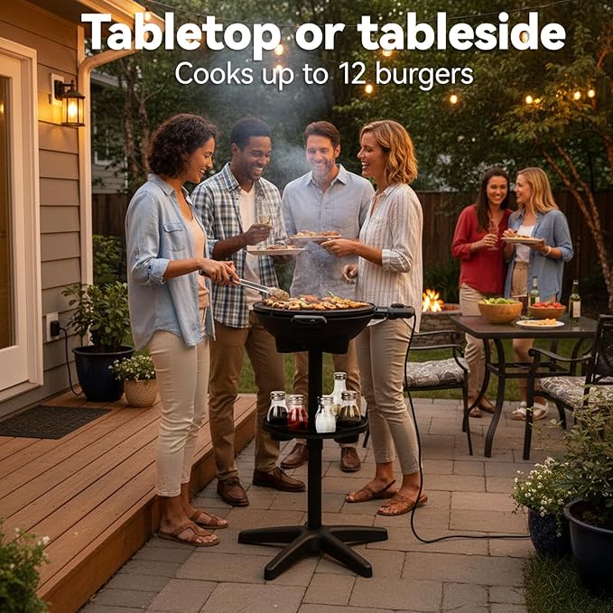 2-in-1 Outdoor Electric Grill & Portable BBQ with Removable Stand - Features Non-Stick Baking Pan & Intelligent Temperature Control for Balcony, Backyard, Camping, and Party Use, Gray