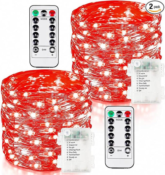 2 Pack 100 LED Fairy Lights Battery Operated with Remote Timer, 33 FT Red | Cuttable, 8 Modes, Memory, Dimmable, IP44 Waterproof Battery String Lights for Indoor Outdoor, Wedding, Christmas Decorations