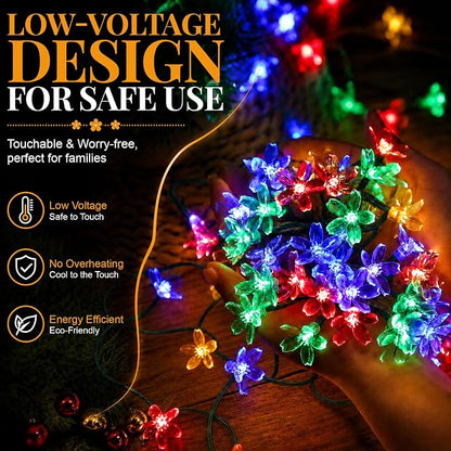 2 Pack 100 LED Solar Flower String Lights, Outdoor Waterproof,Multicolored | Total 33FT Fairy Light, Cherry Blossom Christmas Lights for Garden Yard Fence Patio Christmas Tree Wedding Party Decoration