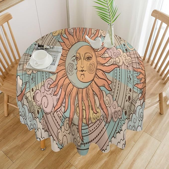 Retro Sun Moon Round Tablecloth Vintage Mystical Astrology Tarot Zodiac Galaxy Space Table Cloth Water Resistant Wipeable Table Cover for Farmhouse Picnic Party Holiday Kitchen Dinner Table 60"