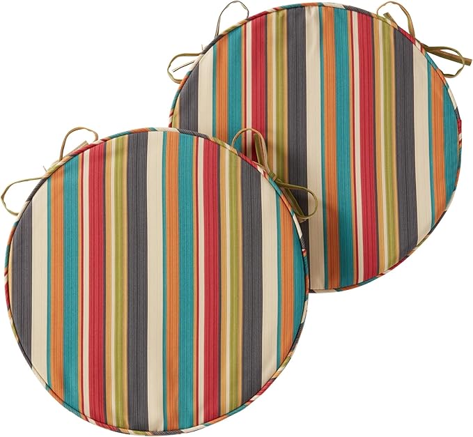 Set of 2 Outdoor 18 inch Round Patio Dining Chair Pads – Comfortable Fiber-Filled Seat Cushions with Ties, Reversible Polyester Fabric - Sunset Stripe
