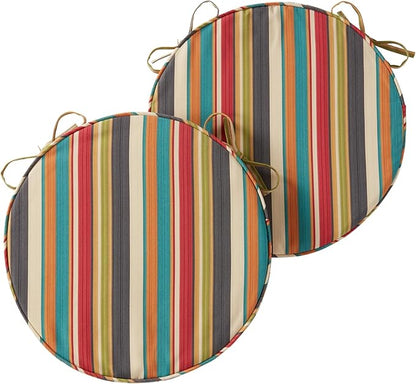 Set of 2 Outdoor 18 inch Round Patio Dining Chair Pads – Comfortable Fiber-Filled Seat Cushions with Ties, Reversible Polyester Fabric - Sunset Stripe