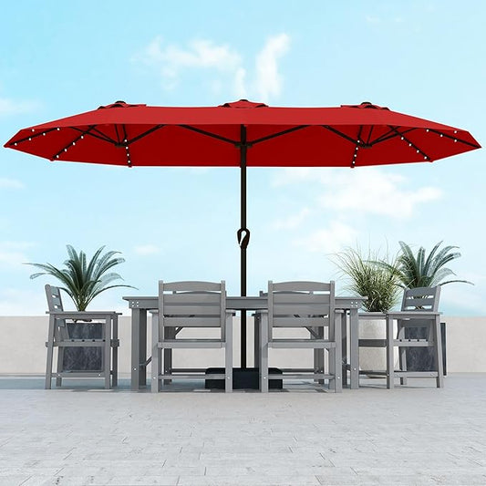 Kingdura 15ft Large Patio Umbrella with Solar Lights, Double-Sided Rectangle Lighted Outdoor Table Umbrella with Base Included, 12 Reinforced Ribs, 48 Led Lights, Crank Lift for Market Pool Deck Backyard, Red
